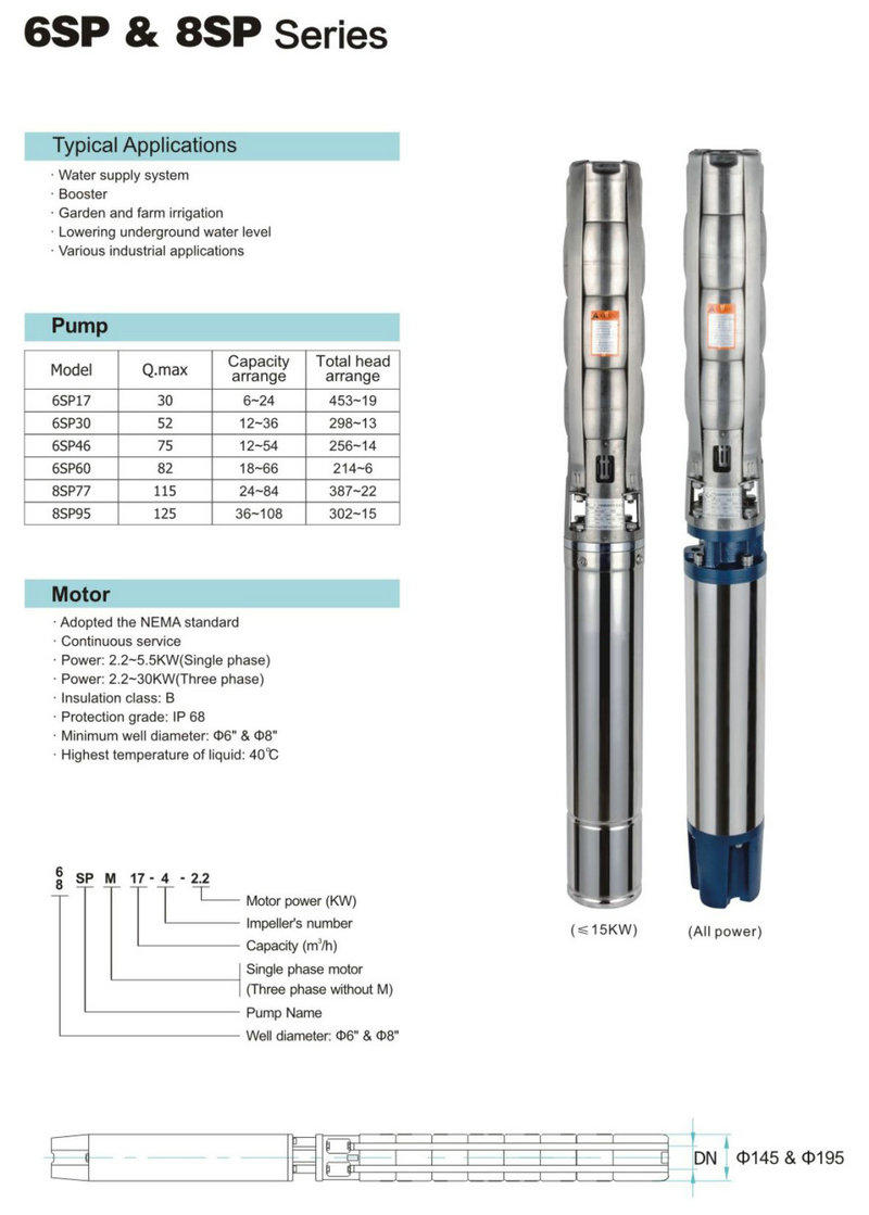 Vertical Inline Multistage Centrifugal Pump Bore Hole Pump 6SP60-2