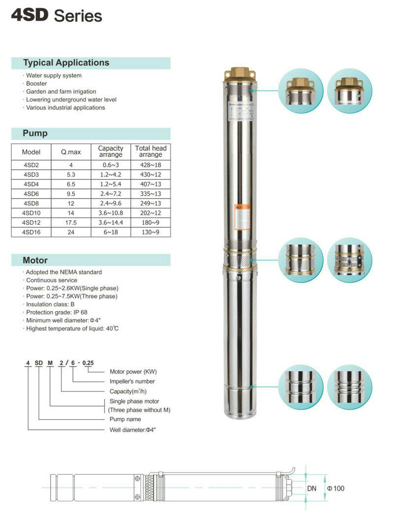 Vertical Inline Multistage Pump Bore Hole Pump 4SD12-2